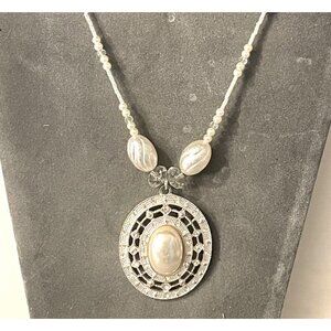 Handcrafted Silver and Pearl Like Oval Pendant Necklace   #5007